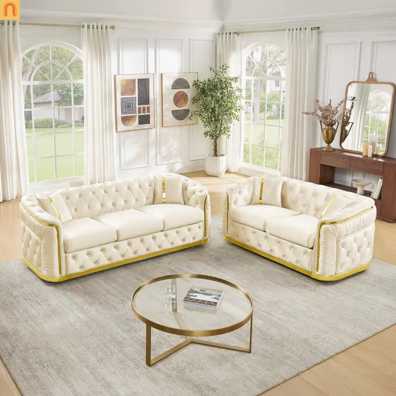 Sofa Chesterfield Velvet Beige 5-Seat Gold Accents 2-Piece