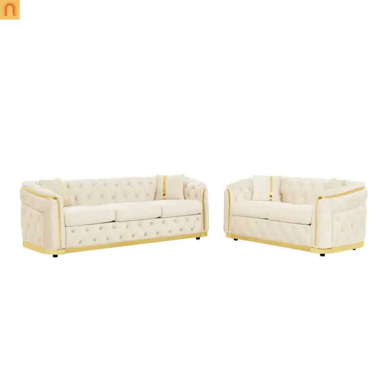 Sofa Chesterfield Velvet Beige 5-Seat Gold Accents 2-Piece