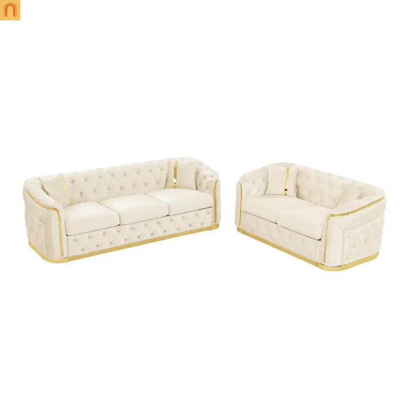 Sofa Chesterfield Velvet Beige 5-Seat Gold Accents 2-Piece