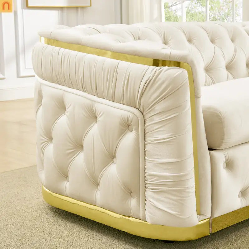 Sofa Chesterfield Velvet Beige 5-Seat Gold Accents 2-Piece