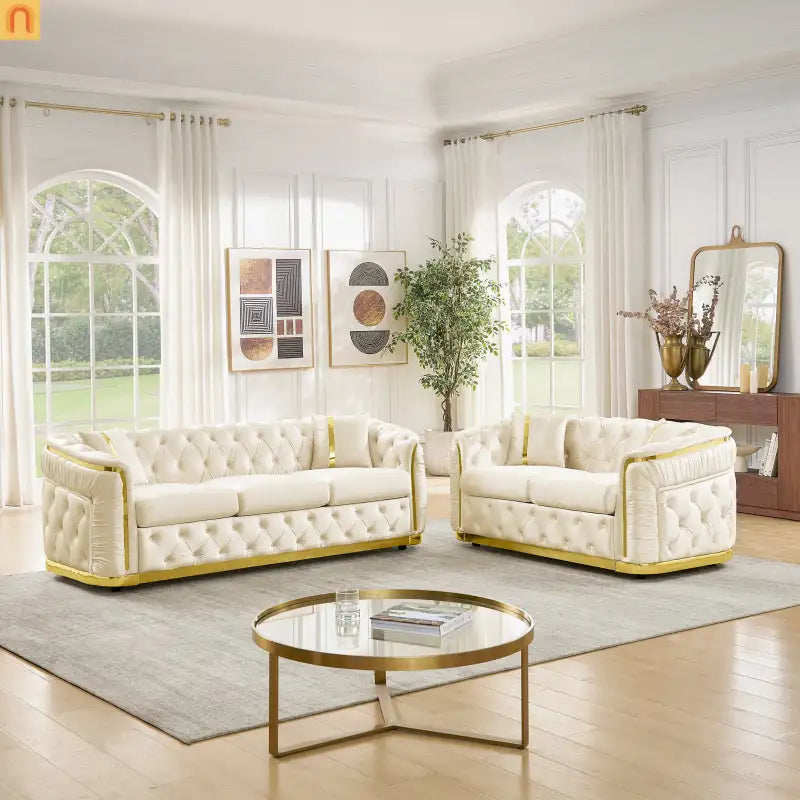 Sofa Chesterfield Velvet Beige 5-Seat Gold Accents 2-Piece