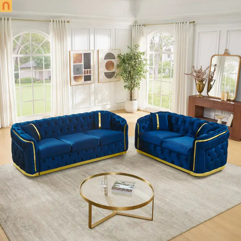 Sofa Chesterfield Velvet Navy 3-Seat Gold Steel Accents