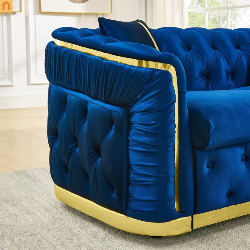 Sofa Chesterfield Velvet Navy 3-Seat Gold Steel Accents