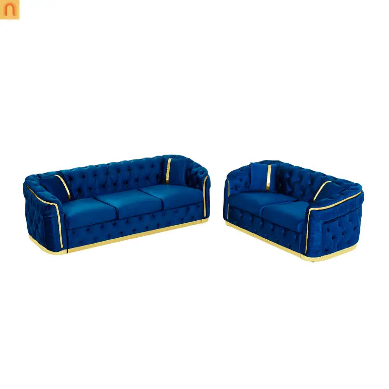 Sofa Chesterfield Velvet Navy 3-Seat Gold Steel Accents