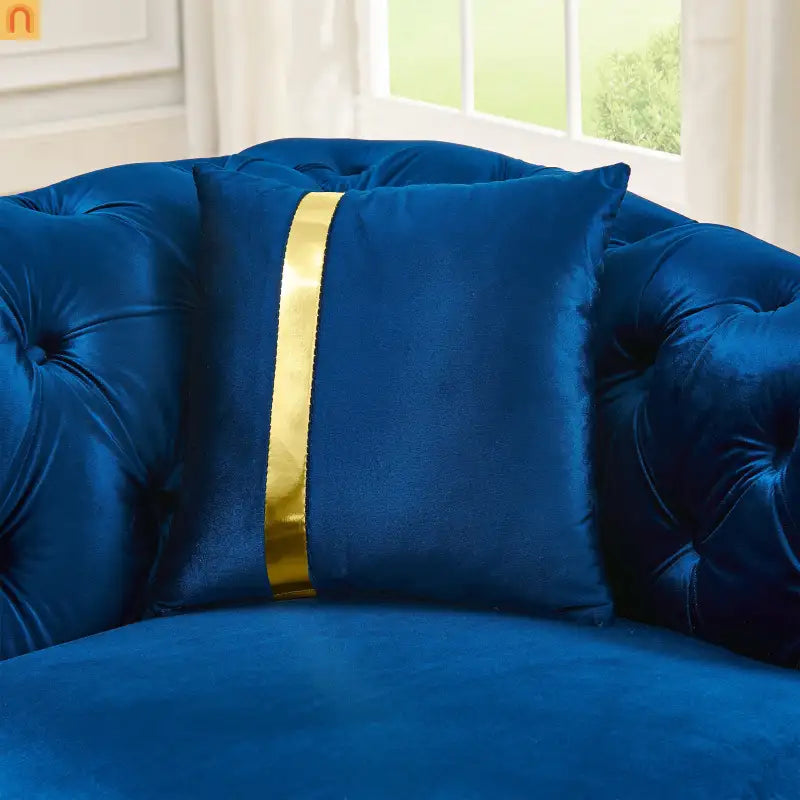Sofa Chesterfield Velvet Navy 3-Seat Gold Steel Accents