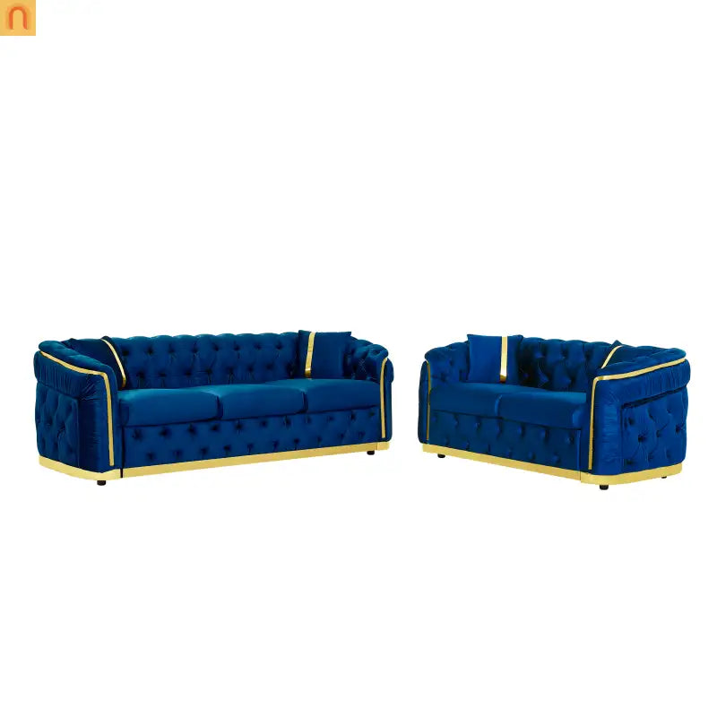 Sofa Chesterfield Velvet Navy 3-Seat Gold Steel Accents