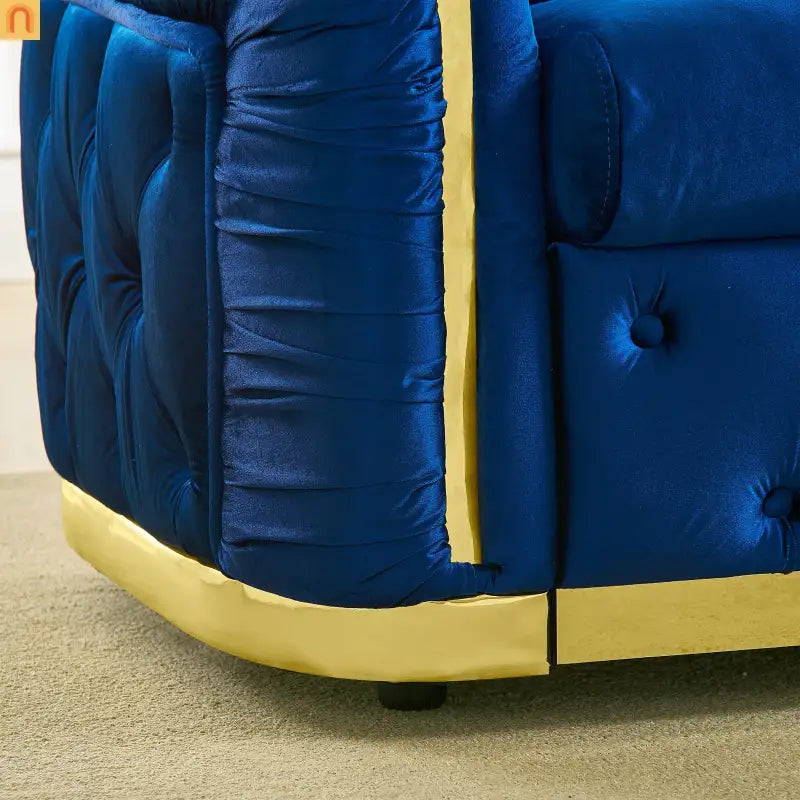 Sofa Chesterfield Velvet Navy 3-Seat Gold Steel Accents