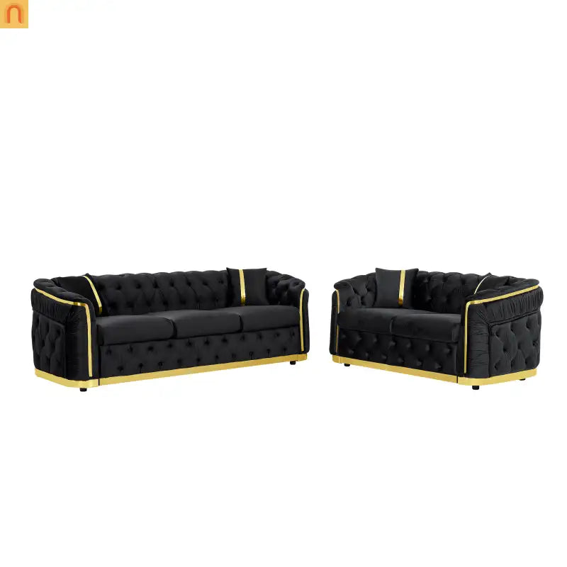 Loveseat Chesterfield Velvet Black Tufted Gold Steel Accents