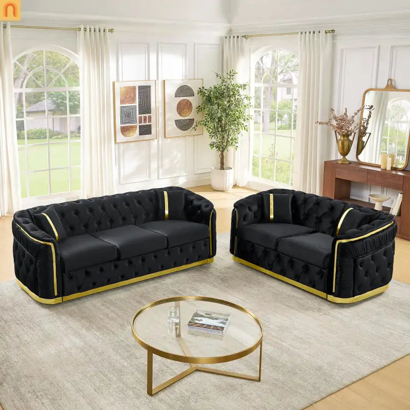 Loveseat Chesterfield Velvet Black Tufted Gold Steel Accents