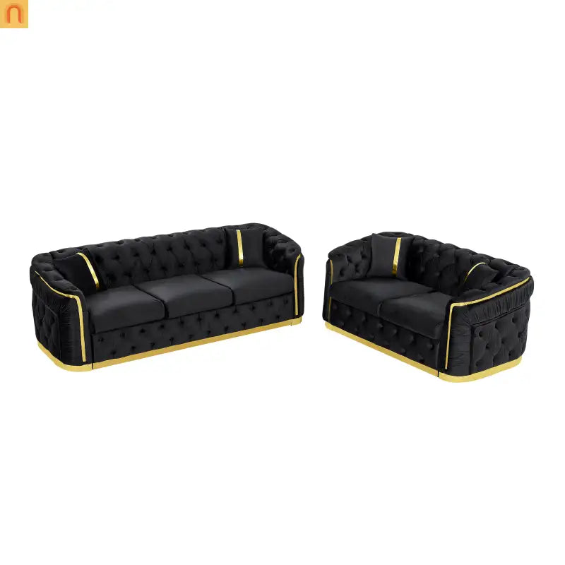 Loveseat Chesterfield Velvet Black Tufted Gold Steel Accents