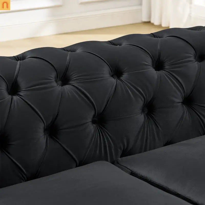 Loveseat Chesterfield Velvet Black Tufted Gold Steel Accents