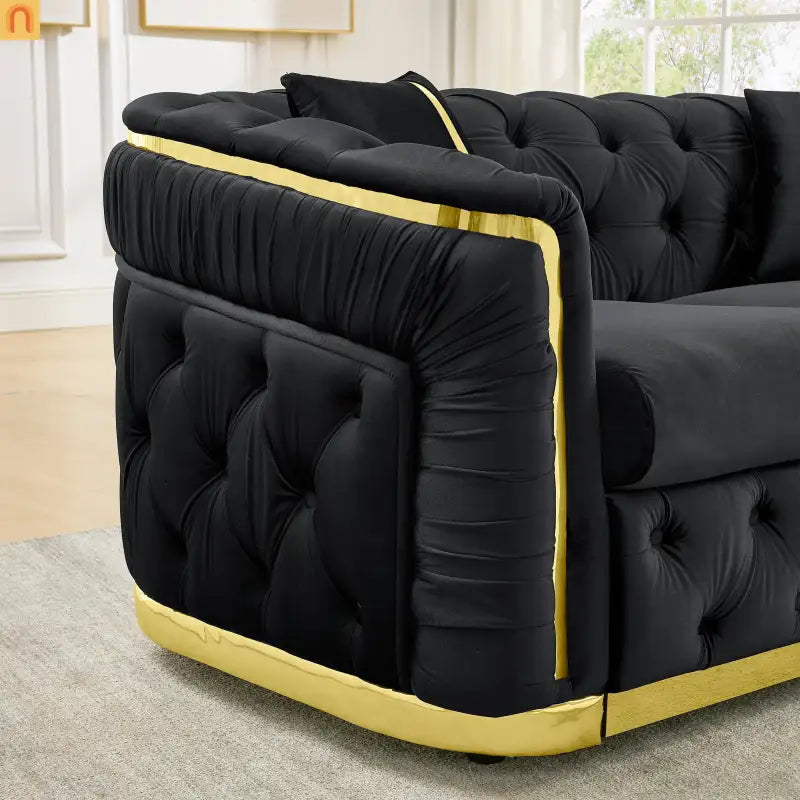 Loveseat Chesterfield Velvet Black Tufted Gold Steel Accents