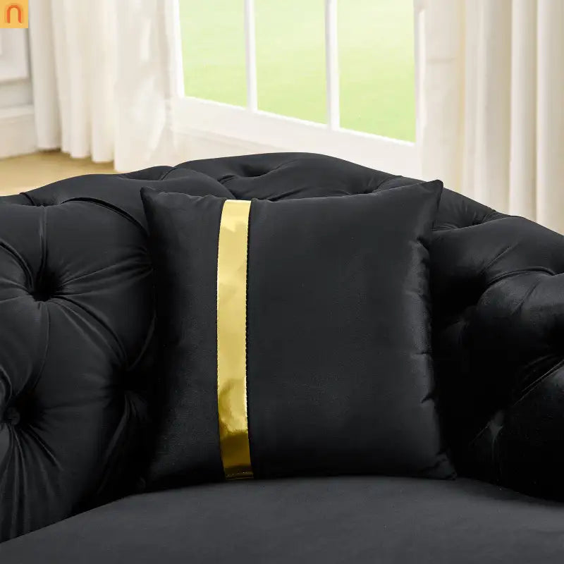 Loveseat Chesterfield Velvet Black Tufted Gold Steel Accents