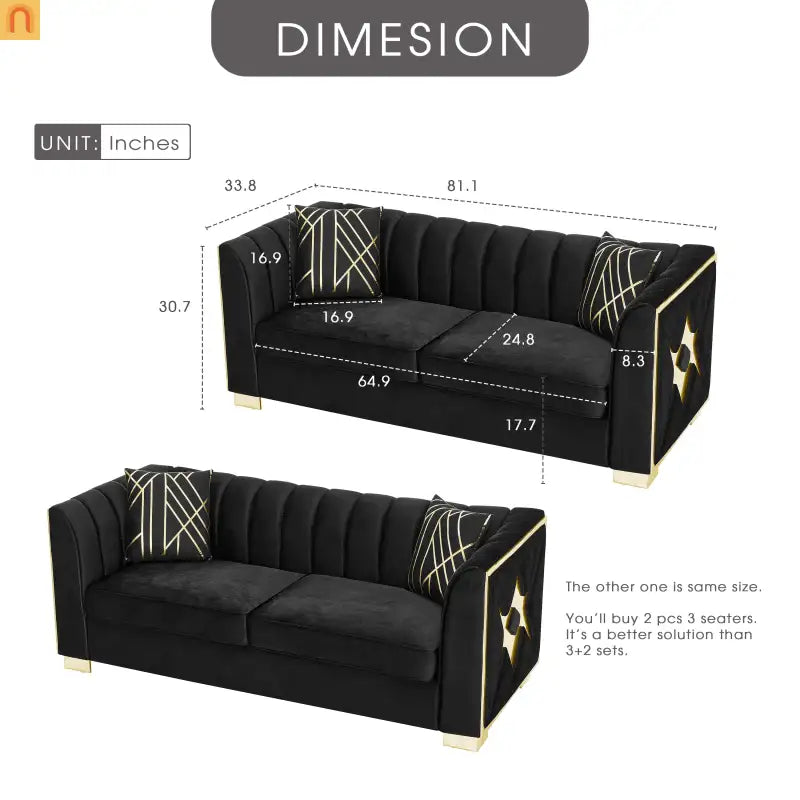Sofa Mid-Century Velvet Black 3-Seat Gold Hardware 81in