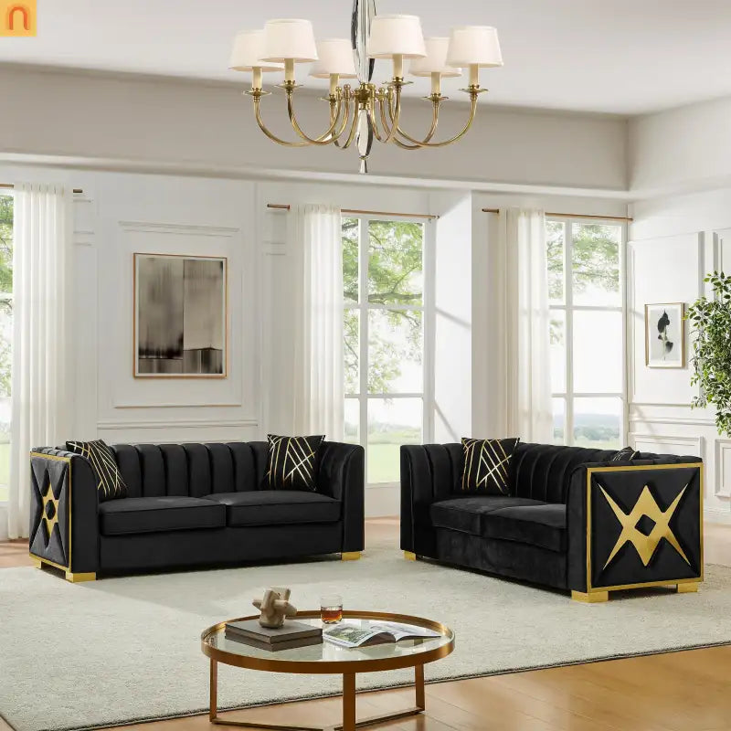 Sofa Mid-Century Velvet Black 3-Seat Gold Hardware 81in