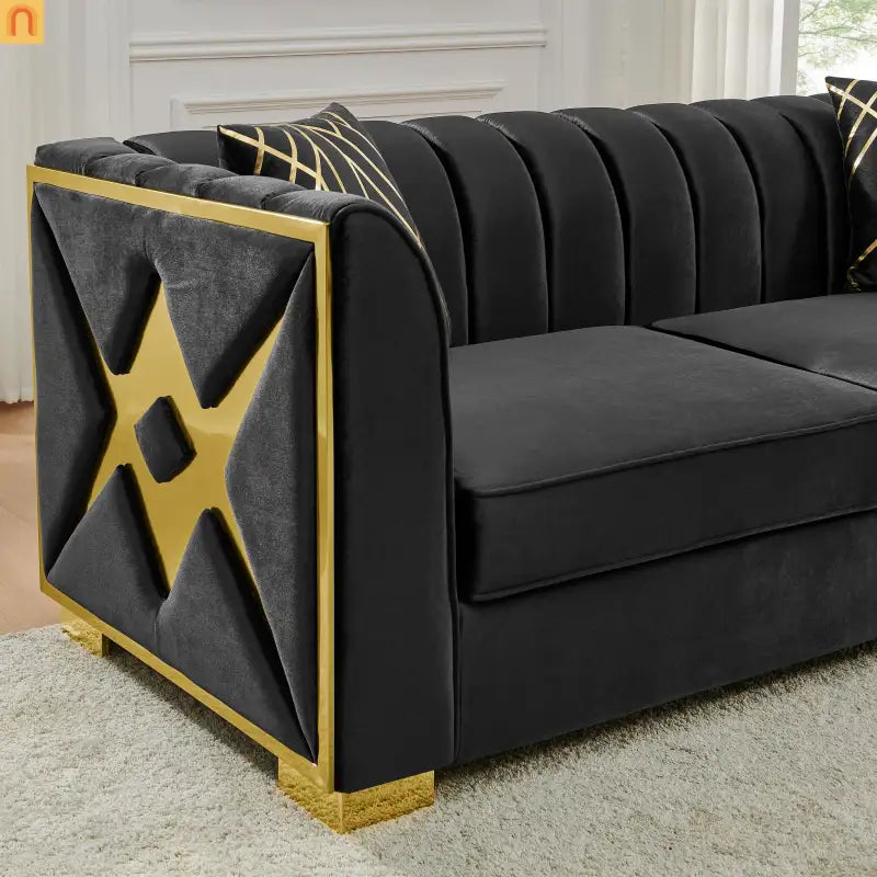 Sofa Mid-Century Velvet Black 3-Seat Gold Hardware 81in
