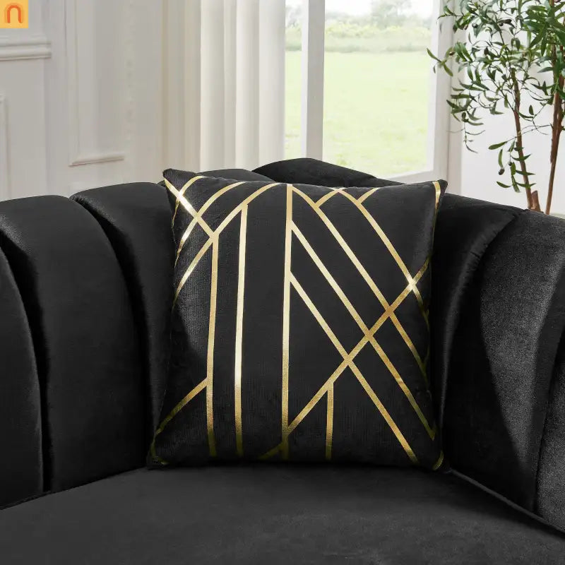 Sofa Mid-Century Velvet Black 3-Seat Gold Hardware 81in