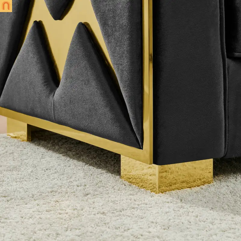 Sofa Mid-Century Velvet Black 3-Seat Gold Hardware 81in