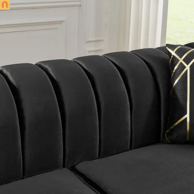 Sofa Mid-Century Velvet Black 3-Seat Gold Hardware 81in