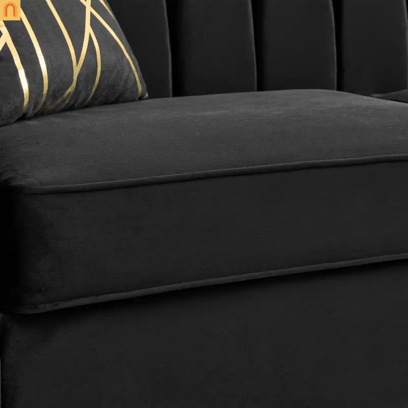 Sofa Mid-Century Velvet Black 3-Seat Gold Hardware 81in