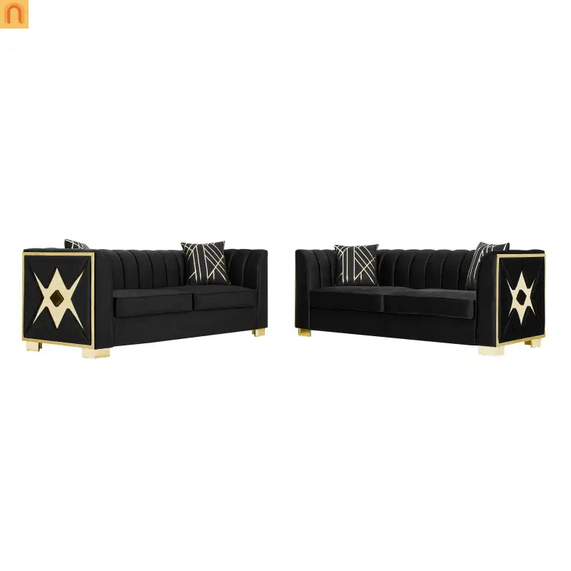 Sofa Mid-Century Velvet Black 3-Seat Gold Hardware 81in