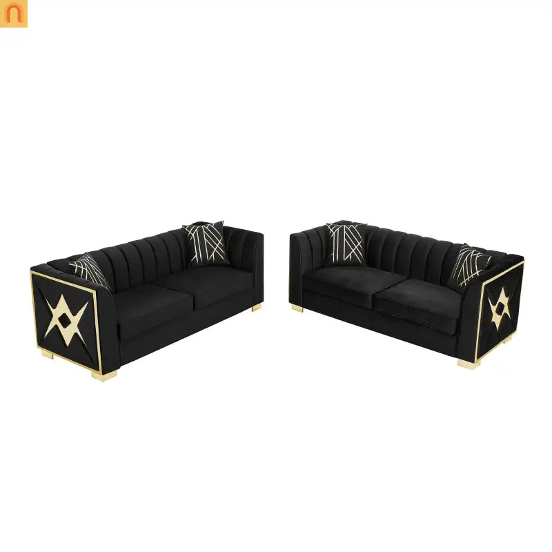 Sofa Mid-Century Velvet Black 3-Seat Gold Hardware 81in