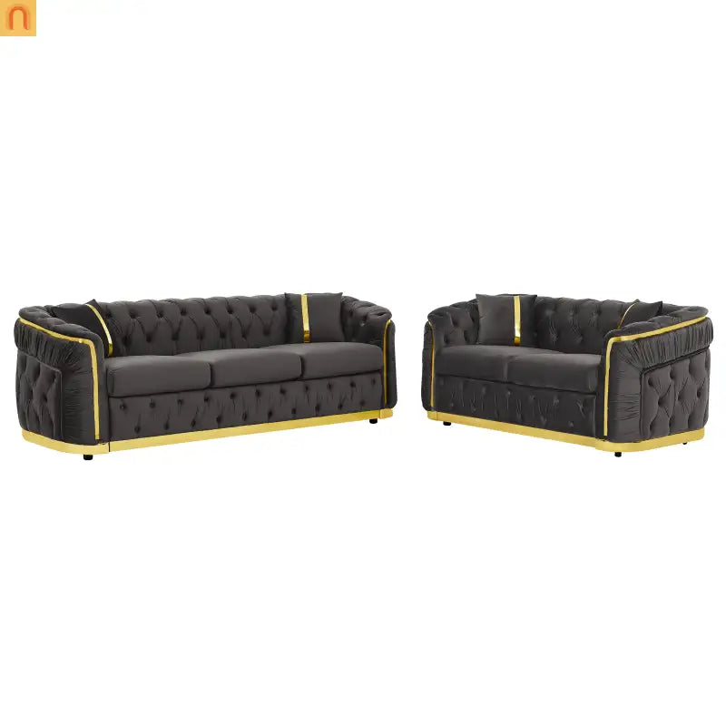 Sofa Chesterfield Velvet Gray 5-Seat Tufted Gold Accents