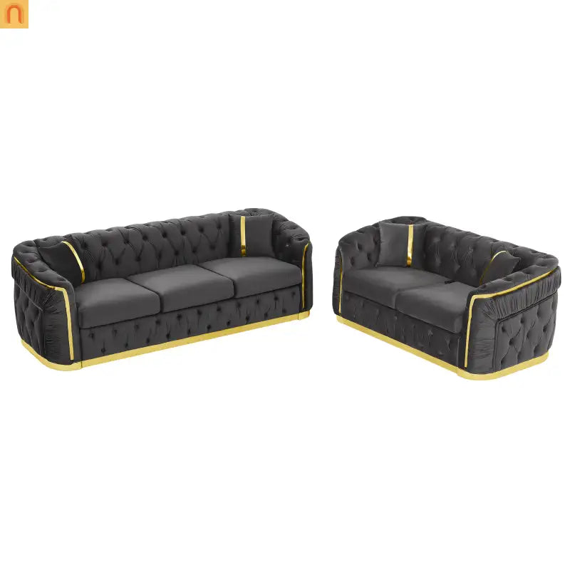 Sofa Chesterfield Velvet Gray 5-Seat Tufted Gold Accents