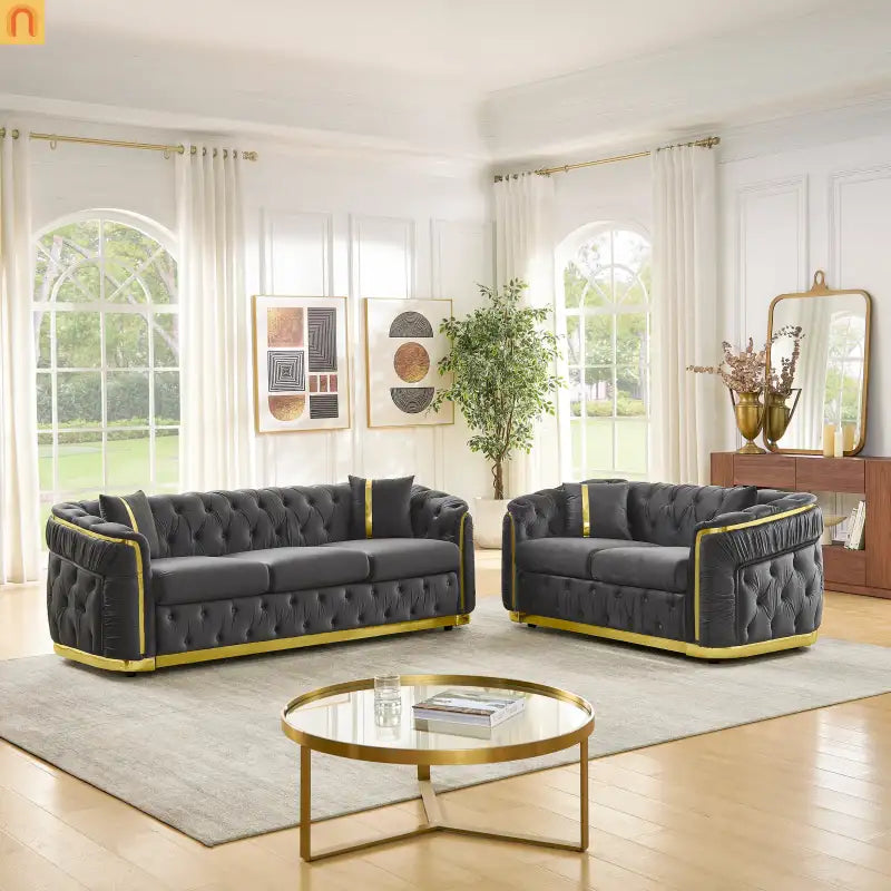 Sofa Chesterfield Velvet Gray 5-Seat Tufted Gold Accents