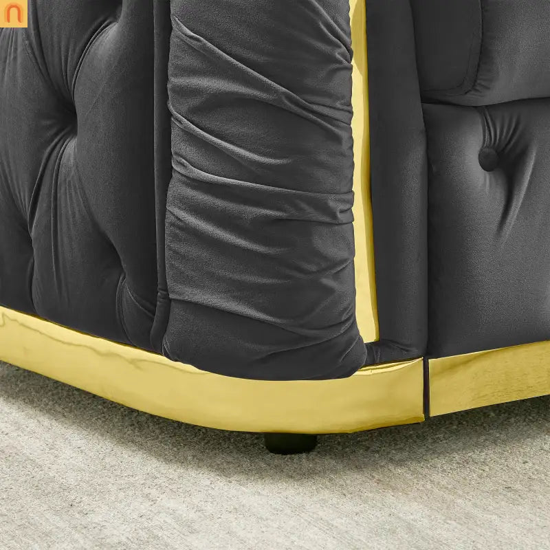 Sofa Chesterfield Velvet Gray 5-Seat Tufted Gold Accents