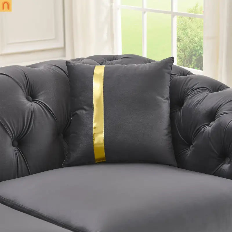 Sofa Chesterfield Velvet Gray 5-Seat Tufted Gold Accents