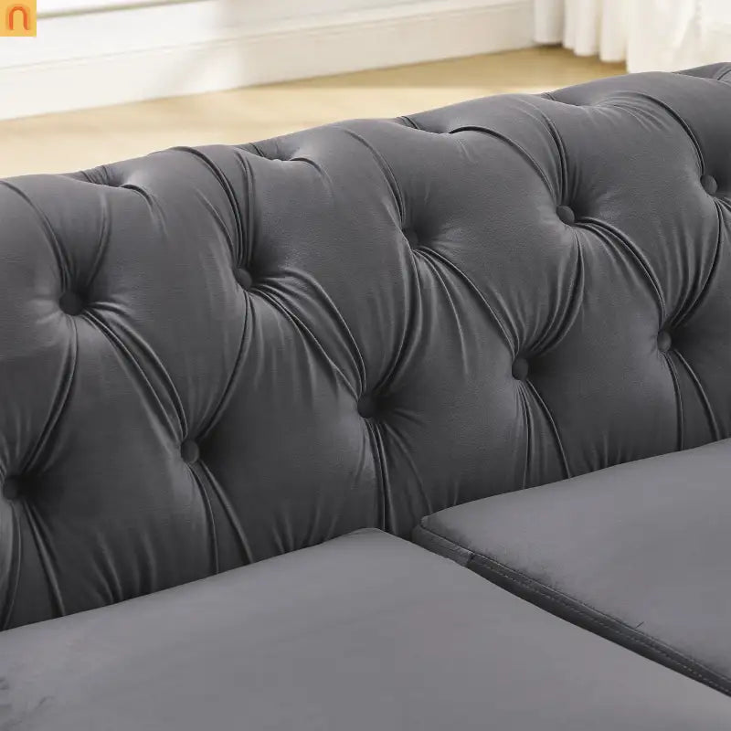 Sofa Chesterfield Velvet Gray 5-Seat Tufted Gold Accents