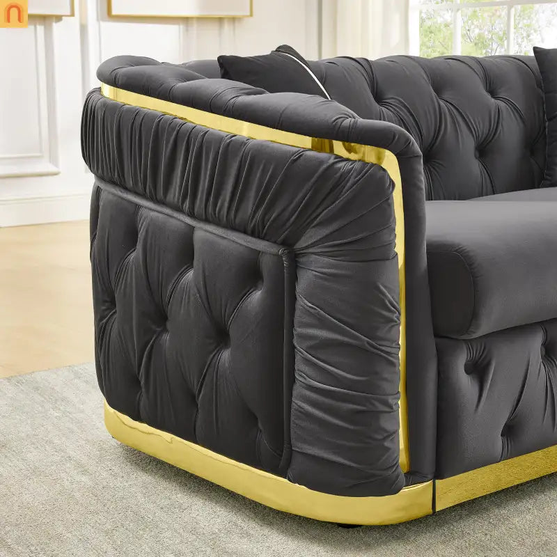 Sofa Chesterfield Velvet Gray 5-Seat Tufted Gold Accents