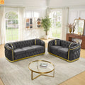 Sofa Chesterfield Velvet Gray 5-Seat Tufted Gold Accents