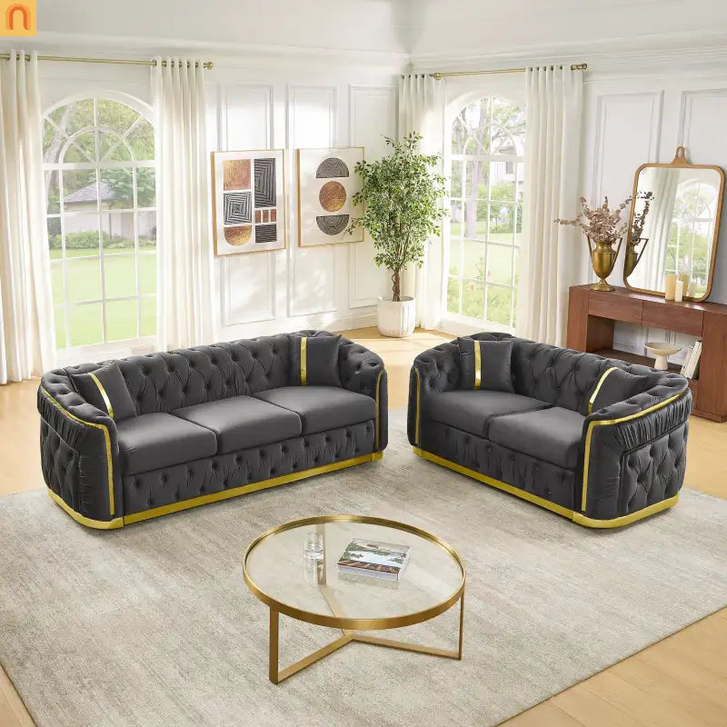 Sofa Chesterfield Velvet Gray 5-Seat Tufted Gold Accents