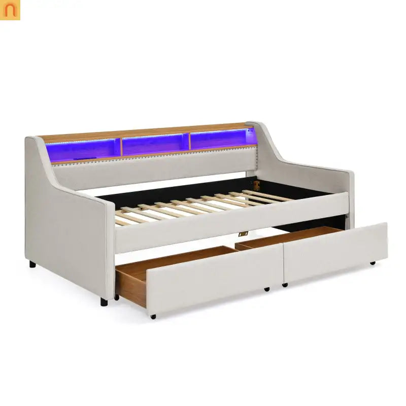 Sofa Bed Twin Linen Beige Storage Drawers LED RGB Wireless Charge