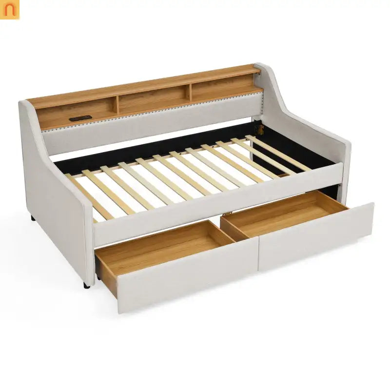 Sofa Bed Twin Linen Beige Storage Drawers LED RGB Wireless Charge