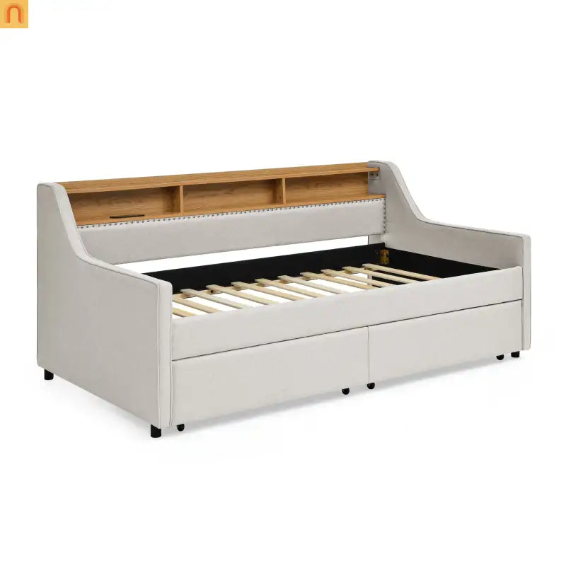 Sofa Bed Twin Linen Beige Storage Drawers LED RGB Wireless Charge