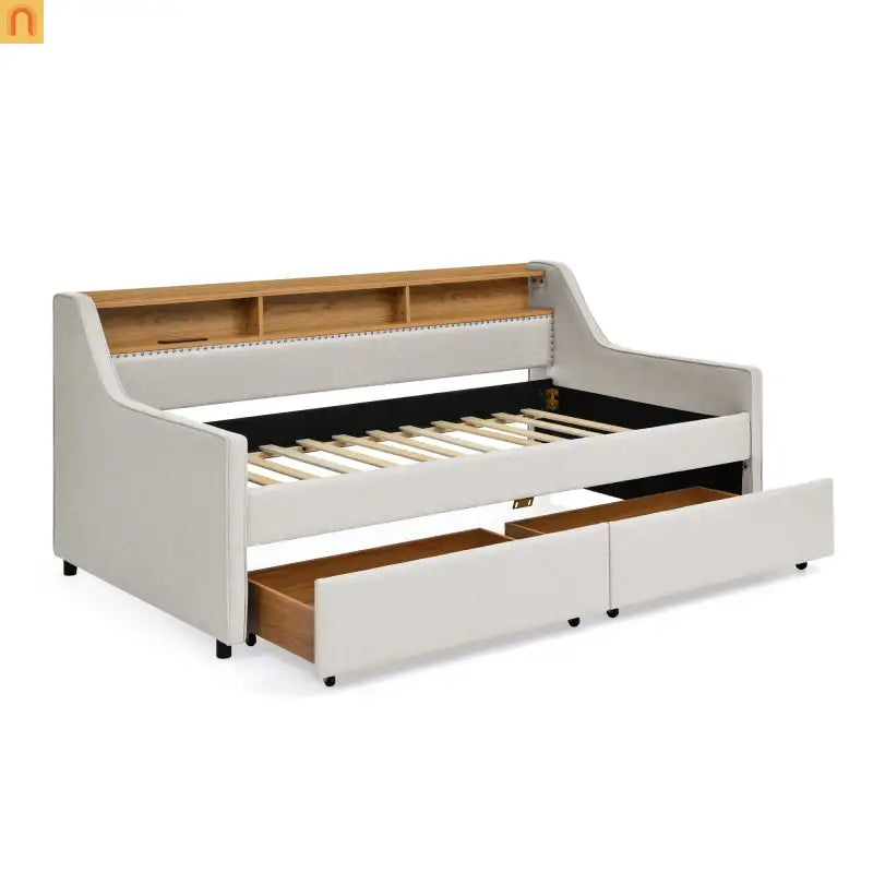 Sofa Bed Twin Linen Beige Storage Drawers LED RGB Wireless Charge