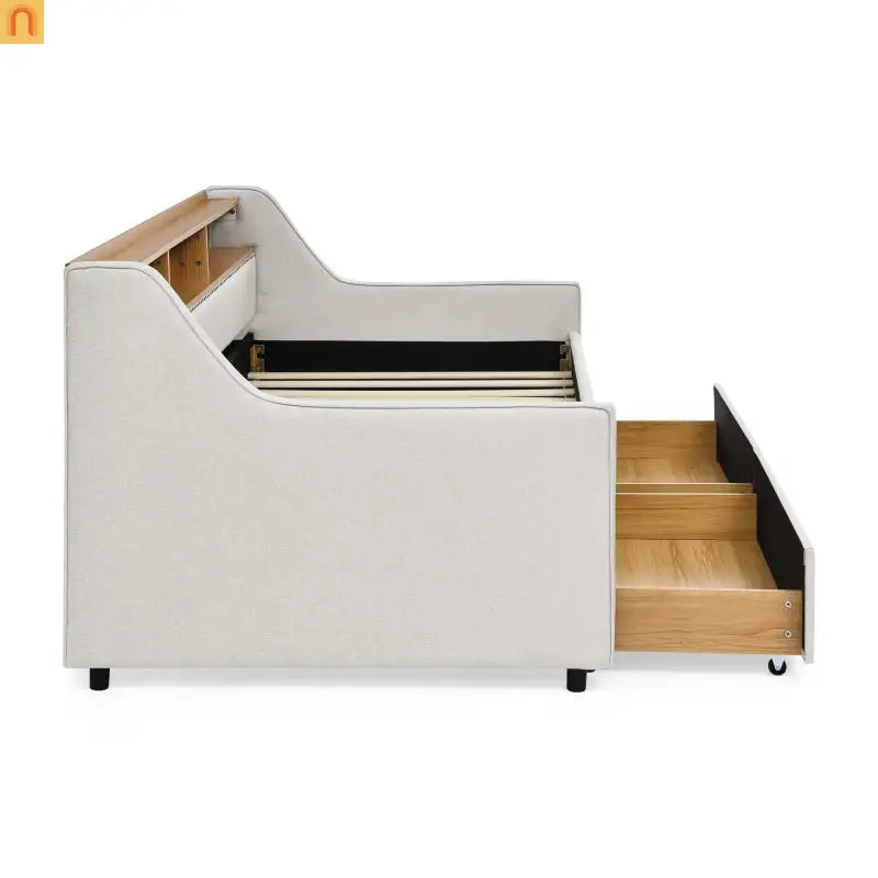 Sofa Bed Twin Linen Beige Storage Drawers LED RGB Wireless Charge