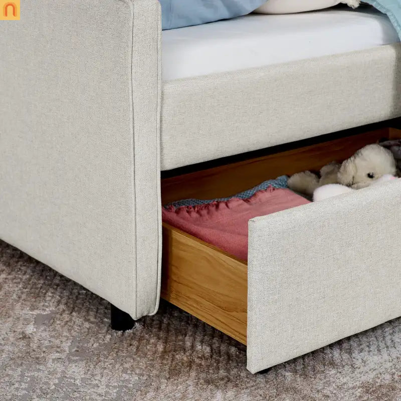 Sofa Bed Twin Linen Beige Storage Drawers LED RGB Wireless Charge