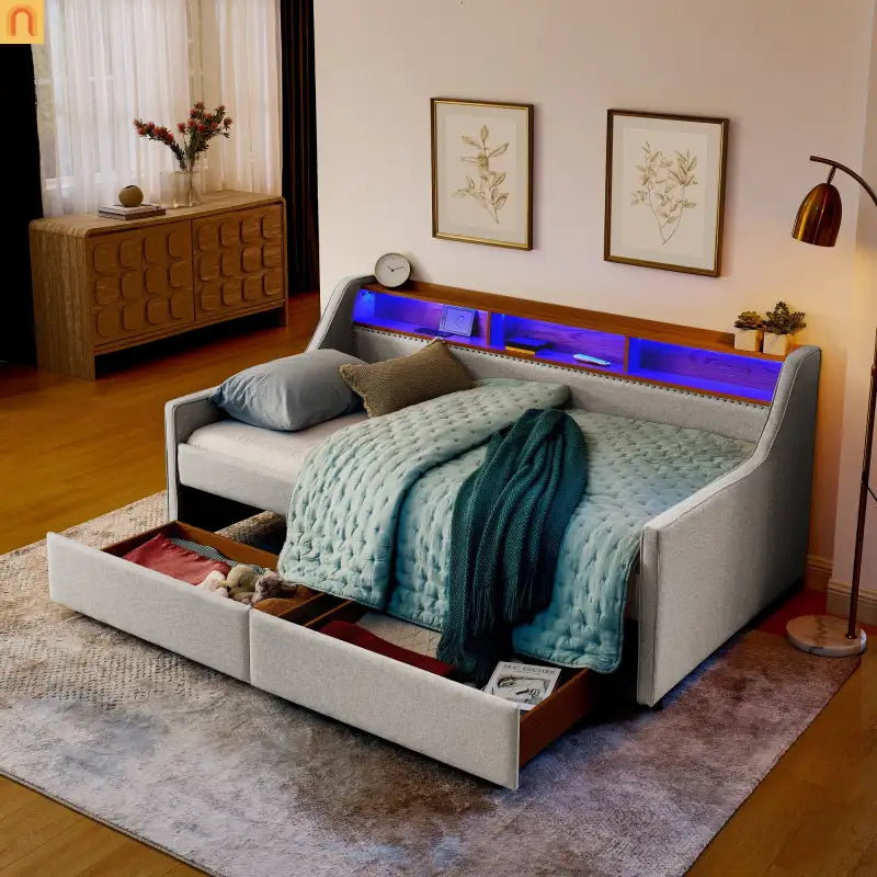 Sofa Bed Twin Linen Beige Storage Drawers LED RGB Wireless Charge