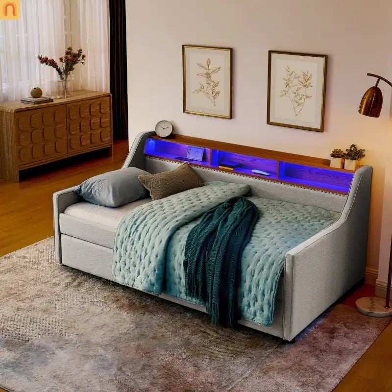 Sofa Bed Twin Linen Beige Storage Drawers LED RGB Wireless Charge