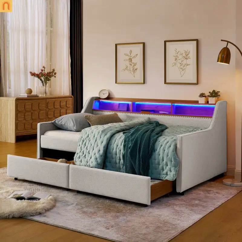 Sofa Bed Twin Linen Beige Storage Drawers LED RGB Wireless Charge