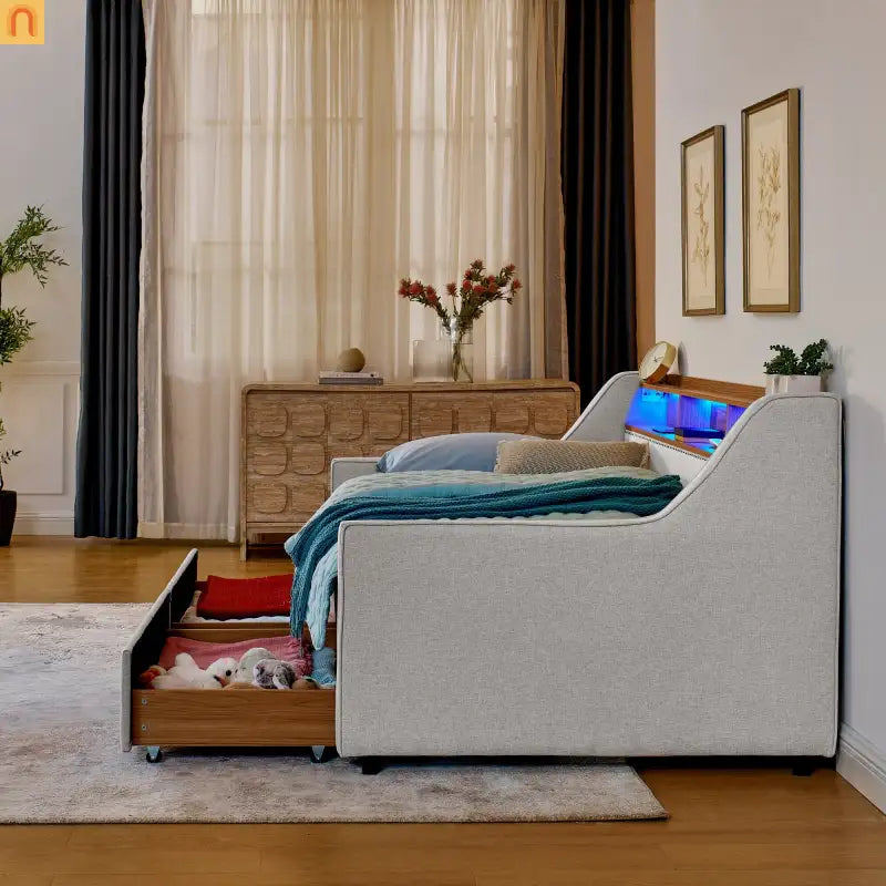 Sofa Bed Twin Linen Beige Storage Drawers LED RGB Wireless Charge