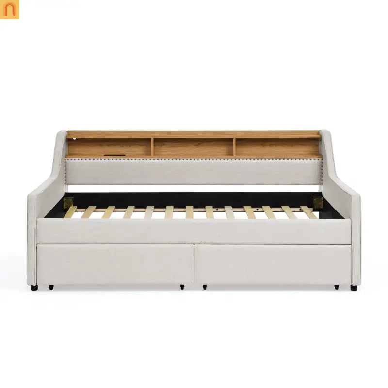 Sofa Bed Twin Linen Beige Storage Drawers LED RGB Wireless Charge