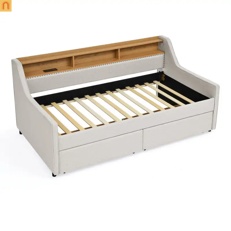Sofa Bed Twin Linen Beige Storage Drawers LED RGB Wireless Charge