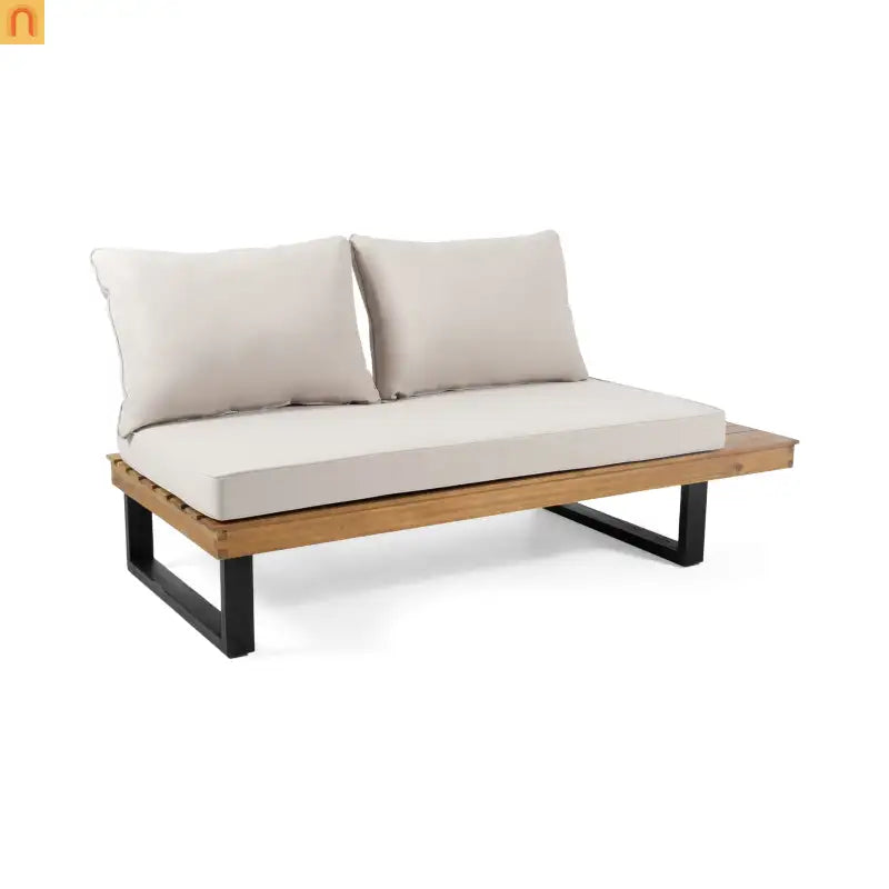 Outdoor Sofa 2-Seater Acacia Wood Beige Cushion Right Arm 64.25in