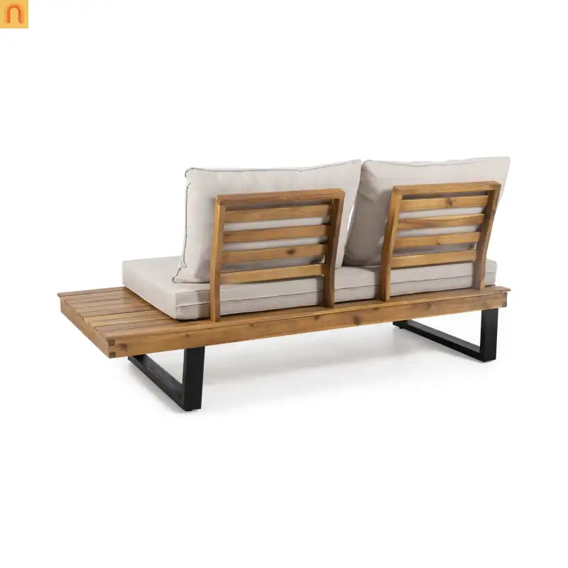 Outdoor Sofa 2-Seater Acacia Wood Beige Cushion Right Arm 64.25in