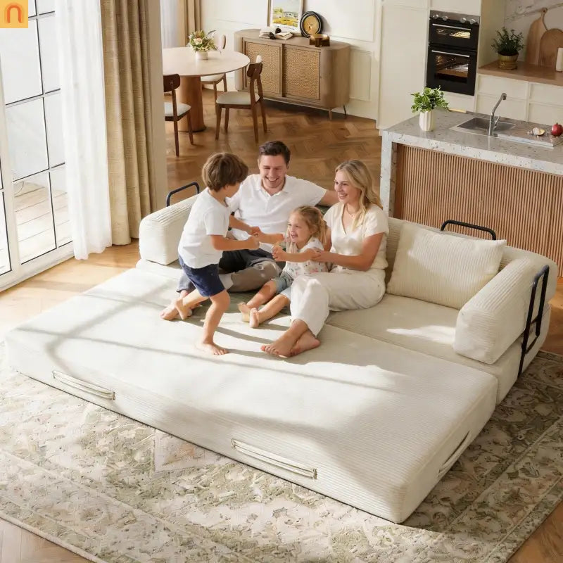 Sofa Bed Convertible Corduroy Beige 3-Seat Foldable Sleeper 78in